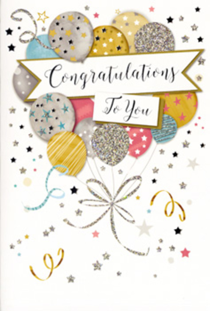 The card showcased in this image is a quietly glamorous congratulations design, reminiscent of the polished yet relaxed celebrations often seen around Isleworth Green. At its heart, an arrangement of illustrated balloons billows upward, resembling a compact balloon bouquet carefully composed for a milestone event. The balloons vary slightly in size and sit in gentle layers, coloured in soft metallic tones of antique gold, bright silver, pale champagne, sky blue, rosy blush, and cool grey. Each surface carries its own decoration: some are sprinkled with minute stars that glitter as if catching indirect afternoon light, while others show subtle stripes, dotted bands, or a fine, almost frosted shimmer. The slim strings beneath them come together at a single point, tied in an understated knot, from which graceful ribbons sweep outwards in looping curves similar to the satin finish ribbons we often tie around congratulatory bouquets in our Isleworth shop. A banner sweeps horizontally through the central section, holding a Congratulations To You message written in elegant, flowing calligraphy, the lettering slightly bolder in places to hint at the variations of a skilled hand. Around the main motif, the off-white background is animated by scattered stars, sprays of confetti, and swirling ornamental lines that arc and curl like the tail end of a firework over the Thames. The overall impression is festive yet refined-no harsh colours or clutter, just a soft play of metallics, open space, and movement. It's the kind of card you might pair with a vase of seasonal blooms to recognise a promotion at a local school, a new start in nearby Hounslow, or any success that deserves a gentle, heartfelt moment of recognition.