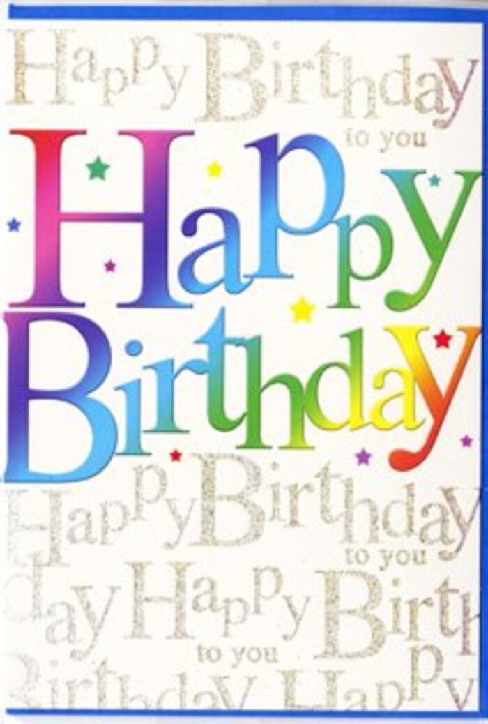 In this image, the birthday card radiates a sense of joyful sophistication, like a carefully chosen centrepiece at a celebration in Isleworth. The words Happy Birthday dominate the design, stretching broadly across the front in thick, rounded letters that immediately draw the eye. Each letter carries a velvety gradient of colour, transitioning from deep cherry and raspberry tones through velvety purples and ocean blues, then into cool, leafy greens and warm amber and lemon hues. The colours blend with a painterly softness, evoking the feeling of a well-balanced floral arrangement where no single bloom overpowers the others. The bold lettering feels upbeat and modern, yet friendly and approachable, ideal for both youthful and more mature recipients. Behind this strong typographic statement, the background is finely woven with lines of golden cursive script, repeating the sentiment Happy Birthday to you. The script is slim and elegant, with loops and flourishes that seem to gently dance across the card, suggestive of metallic foil that glimmers lightly when viewed from different angles. This shimmering backdrop creates a subtle pattern, offering visual interest that doesn't compete with the main greeting. Tiny dots, specks, and perhaps faint star shapes in coordinating colours sprinkle the design like confetti scattered across a party table near Isleworth's riverside pubs. The card's finish looks smooth and slightly glossy, inviting to the touch and clearly well-crafted. Imagining it nestling beside a bouquet of fresh, fragrant blooms, it feels like the perfect companion piece for a birthday delivery to homes and workplaces across Isleworth, carrying not just a message but the warmth and colour of a day filled with good wishes.