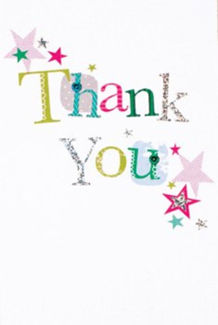 The artistry of this thank you card lies in its quiet exuberance-each letter thoughtfully composed with Isleworth's warm community spirit in mind. As if lifted from a modern patchwork quilt, the typography dances with character: some letters capered in polka dots, others woven with graceful curves or delicate stitched borders that mirror the craftsmanship seen in our hand-tied bouquets. Around the message, vibrant stars gleaming in silvery tones, vivid pinks, and deep turquoise cluster like celebratory fireworks during Isleworth's summer fêtes. The entire design feels open and sophisticated, thanks to the luminous white background, bringing to mind the tranquil openness of Syon House's grounds. Not too formal, yet refined enough for any occasion, this is a card made to nestle beside a bouquet on any Isleworth doorstep-an elegant gesture of gratitude as memorable as the sound of friends' laughter along the banks of the Thames.