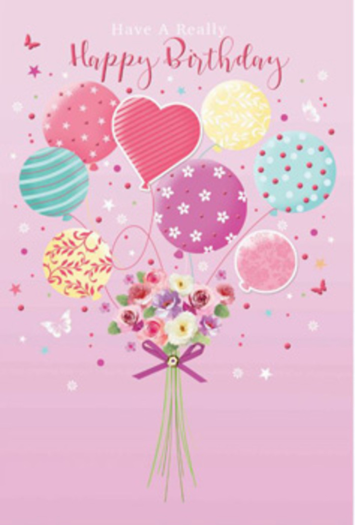 This detailed birthday card artwork shows a fanciful fusion of balloons and blooms, reminiscent of celebrations in cosy Isleworth homes where fresh flowers grace the table. The scene is set against a velvety pink background, smooth and even, which bathes the entire image in a warm glow. In the centre, a grouping of pastel balloons rises, as though gently tugging a bouquet upwards. The balloons vary slightly in size and shape, with rounded forms and a central heart-shaped balloon that stands out. Each balloon bears its own decorative pattern-some wrapped in swirling, ribbon-like stripes in pink and teal, others dotted with cheerful polka spots or adorned with small floral motifs. The colour palette stays soothing and festive, combining pale rose, seafoam green, lavender, and buttery yellow. Highlights along the curves of the balloons create a sense of shine and softness, suggesting they are filled with air and lightly bobbing. Tied to the base of the strings is a hand-tied bouquet of petite roses and anemone-style flowers, clustered closely together. The petals, layered and slightly ruffled, are painted in creamy ivory, blush pink, and soft mauve tones that echo the balloons above. A purple satin bow wraps neatly around the stems, its loops full and confident, adding a touch of luxury. Around the central design, scattered stars and fluttering butterflies drift like tiny pieces of birthday confetti, recalling a relaxed afternoon party near Redlees Park. The illustration balances whimsy and elegance, much like real arrangements prepared for birthday deliveries by Flower Delivery Isleworth, offering a visual experience that feels both celebratory and comfortingly familiar.