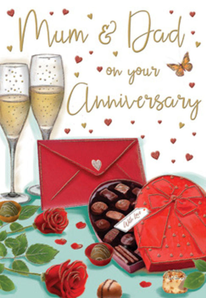 The anniversary card illustration presents a richly detailed, romantic arrangement that could easily be imagined on a dining table in an Isleworth home, prepared to honour Mum & Dad. Two graceful champagne flutes stand close together in the background, filled with pale golden liquid shot through with delicate bubbles, as if caught just before a clink of glasses. Their glass surfaces reflect a soft, ambient light that suggests a cosy evening indoors. Around them drift tiny hearts in gold and crimson, scattered like confetti across the design and curling gently around the hand-lettered greeting. At the front of the scene lies a heart-shaped chocolate box, partially open to reveal rows of round, carefully illustrated truffles in dark and milk chocolate shades. Some pieces are topped with lighter accents, giving a sense of texture and flavour. The box is adorned with a generous red ribbon, the bow bold and voluminous, with flowing tails that sweep across the composition and add a sense of luxury, like a gift chosen thoughtfully in Isleworth and delivered just in time. Resting nearby are two rich red roses, their petals thick, velvety, and slightly ruffled at the edges, vividly offset by lush green leaves. They look as if they've been taken from a freshly arranged bouquet by a skilled local florist who knows exactly which stems best express devotion and gratitude. A bright, scarlet envelope lies to one side, sealed and waiting, suggestive of a private, loving message written especially for this anniversary. The gentle lighting ties every detail together, evoking warmth, contentment, and a quiet celebration shared between parents surrounded by their family's love.