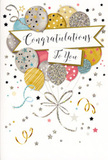 This congratulations card presents a scene of poised celebration, the sort of tasteful design you might see propped beside a fresh arrangement in an Isleworth hallway after good news has been shared. The artwork is dominated by a cluster of party balloons that rises elegantly from the lower section of the card, their rounded shapes overlapping in a relaxed, natural way. Rendered in soft metallic shades-glowing gold, glossy silver, delicate champagne, sky blue, pale blush pink, and misty grey-the balloons feel light yet luxurious. Some are adorned with tiny star motifs scattered across their surfaces; others display slender stripes, gentle dots, or a veil of fine glitter effect, all suggesting a slight tactile contrast against the smooth card. From their bases, fine strings fall and gather, finished with loose curls of ribbon that swoop and spiral, much like the decorative ribbons we tuck into celebratory bouquets delivered along London Road or near Syon Lane. Threaded through the heart of the arrangement is a spacious banner carrying the words Congratulations To You in elegant cursive script, the letters stretching and looping with an easy grace. The background remains a soft, neutral tone, dusted with delicate stars, specks of confetti, and fluid swirls that lend a sense of motion, as if the card captures a single happy breath of party atmosphere. The lighting implied is gentle and even, highlighting the metallic accents without overpowering them. Overall, the card feels versatile, warm, and quietly glamorous-perfect for sending alongside fresh flowers to honour exam results, a new job, or any meaningful achievement in and around Isleworth that deserves to be remembered with both beauty and sincerity.