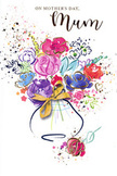 This Mother's Day card radiates the exuberance of a freshly gathered spring bouquet, painted in flowing watercolour that could easily have been inspired by the gardens and riverside paths of Isleworth. The flowers rise from a gently curved vase in a loose, organic spray-lush purples, playful pinks, rich reds, and tranquil blues blend into one another with soft, feathery edges. The lack of hard outlines gives the impression of ruffled petals and layered blooms just slipping into focus, as though caught in a brief still moment. Throughout the bouquet, subtle gold accents shimmer along petal rims and leaf veins, adding a sense of elegance that recalls light glinting off the Thames near Syon Park. The vase itself is simple but graceful, its contours hinted at with fluid strokes and finished with a refined golden bow that evokes the feel of satin ribbon being tied by hand. Around the central arrangement, tiny dots, splashes, and heartlike marks are scattered, like petals tossed into the air to celebrate a much-loved mum. The background remains clear and bright, giving every colour and metallic detail room to breathe. The overall mood is airy, joyful, and deeply affectionate, mirroring the feeling of presenting a hand-tied gift from a trusted Isleworth florist. Whether destined for a cosy front room near Isleworth station or a riverside home tucked close to Syon, the card visually expresses thankfulness, tenderness, and the special connection between mother and child.