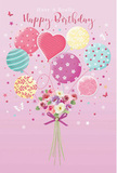 An imaginative birthday illustration combines pastel balloons and a petite bouquet in a way that feels perfectly suited to a cheerful celebration in Isleworth. The background is a soft, dusty pink, giving the whole scene a warm, inviting tone, like the gentle ambience of a dining room set for a birthday tea. At the centre, a loose bunch of balloons floats upward, tied together by fine strings that descend to meet a cluster of flowers. The balloons are painted in delicate pastel shades-blush pink, minty green, lemon yellow, and lilac-and each features a charming pattern: some swirl with candy-striped bands, others are scattered with whimsical polka dots, while a central heart-shaped balloon quietly anchors the group with a feeling of affection. Subtle highlights and shading bring the balloons to life, suggesting glossy surfaces that catch the light. Hanging from their strings is a small hand-tied bouquet of blossoms that appear to be roses and anemone-like flowers, their petals soft, rounded, and slightly open. The flowers are rendered in tones of ivory, pale blush, and gentle mauve, their colours echoing the balloons, as though a florist carefully matched each shade. A violet satin bow gathers the stems snugly, its sheen adding a refined finish. Tiny butterfly shapes and sparkling stars are scattered around, evoking a sprinkle of magical birthday confetti drifting over a garden in Isleworth, perhaps near Syon Lane. The overall effect is light, joyful, and quietly romantic, echoing the feeling of receiving a thoughtfully arranged birthday bouquet from a trusted local florist, complete with that special sense of celebration and care.