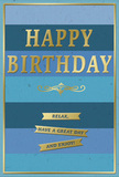 A beautifully crafted birthday card in cool blue and glowing gold is shown as though propped on a mantelpiece in Isleworth, softly lit by natural daylight. The front features a sequence of wide, horizontal blue stripes running from left to right, each band a slightly different shade that moves from deep navy through denim and teal to a paler, sky-like blue at the top. This layered palette creates a soothing, almost meditative effect, reminiscent of watching the Thames flow past Isleworth riverside on a calm day. Centered across the stripes is the bold greeting HAPPY BIRTHDAY, embossed in shimmering gold capital letters. The metallic finish lifts the words away from the background, catching the light with a warm, elegant glimmer that signals celebration without overwhelming the sense of peace. Just underneath the main phrase, a decorative gold flourish curves outward, adding a gentle, classical note as if lifted from traditional letterpress designs. Below that flourish, three golden banners are aligned in a neat stack, each slim ribbon carrying part of a friendly, relaxed instruction: Relax, have a great day and enjoy! The messages read like a kind voice encouraging a slower pace, perhaps suggesting a birthday spent wandering around Syon Park or at home with family. A fine gold border frames the entire card, giving it the feel of a treasured keepsake. The card's surface looks smooth and substantial, with the raised gold details providing comfortable texture. Imagined alongside a fresh bouquet delivered by a local Isleworth florist, this card sets a tone of quiet joy and thoughtful appreciation for the person celebrating their special day.