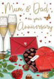 This anniversary card design feels like an intimate celebration arranged for beloved parents in Isleworth, captured in a single, sumptuous scene. Two tall champagne flutes stand at the centre-back, their slender forms almost touching, filled with sparkling golden champagne whose bubbles rise in fine, delicate streams. The glasses glow softly, as if lit by a nearby lamp in a family dining room after dusk. Drifting around them, tiny hearts in metallic gold and rich crimson scatter across the card, gently wrapping around the elegantly written words Mum & Dad and adding a festive yet tender touch. In the foreground, an open heart-shaped box reveals a neat selection of chocolates in multi-toned browns, each truffle shaded to show smooth, tempting surfaces. A lush red bow cascades over the lid, its satin-like texture illustrated with subtle highlights and folds, conveying the luxury of a carefully chosen gift. Alongside, two deep red roses lie serenely, petals velvety and full, their rich hue contrasted beautifully by glossy green leaves, just as you'd expect from a bouquet arranged by Flower Delivery Isleworth for a milestone anniversary. A bold red envelope rests nearby, sealed and slightly angled, implying that loving, handwritten words are tucked safely inside, ready to be opened and read together. Soft, even lighting unites every element, creating a calm, romantic atmosphere that feels very much like a quiet evening in an Isleworth home or a flat near the river. The entire composition speaks of enduring love, shared indulgence, and the joy of celebrating another year side by side.